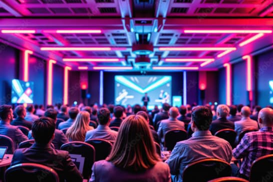 people sitting infront of a brightly lit conference stage in melbourne.
