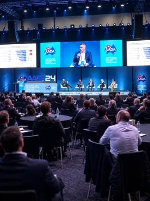AADA panel discussion supported by professional conference AV, LED screens, stage lighting and audio.