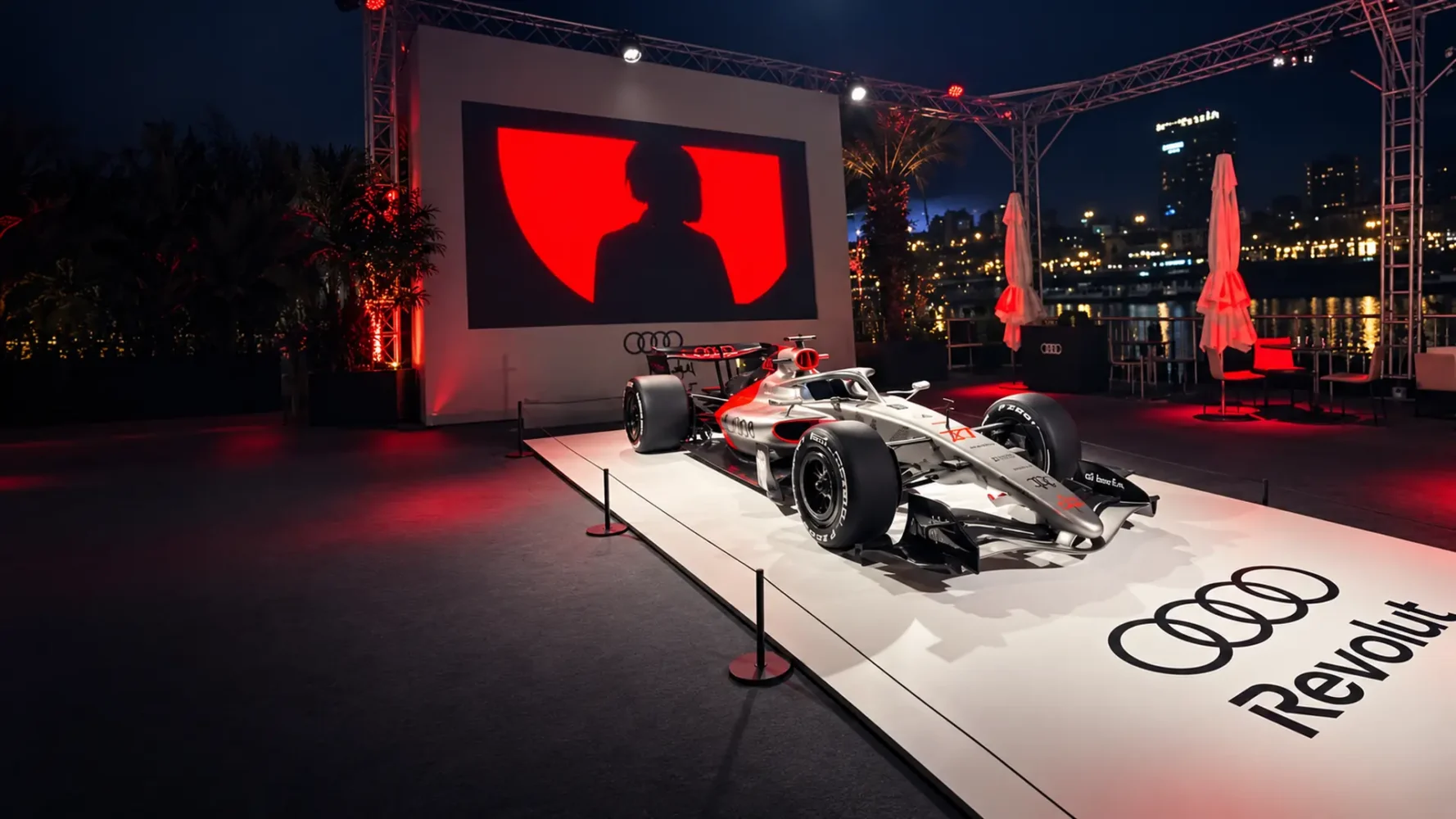 Corporate event production for an Audi Formula 1 brand activation with LED screen, staging and event lighting.