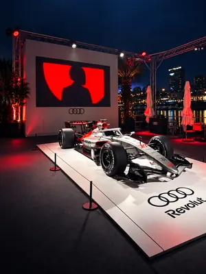 Audi Formula 1 display with LED screen and event lighting during a corporate event production