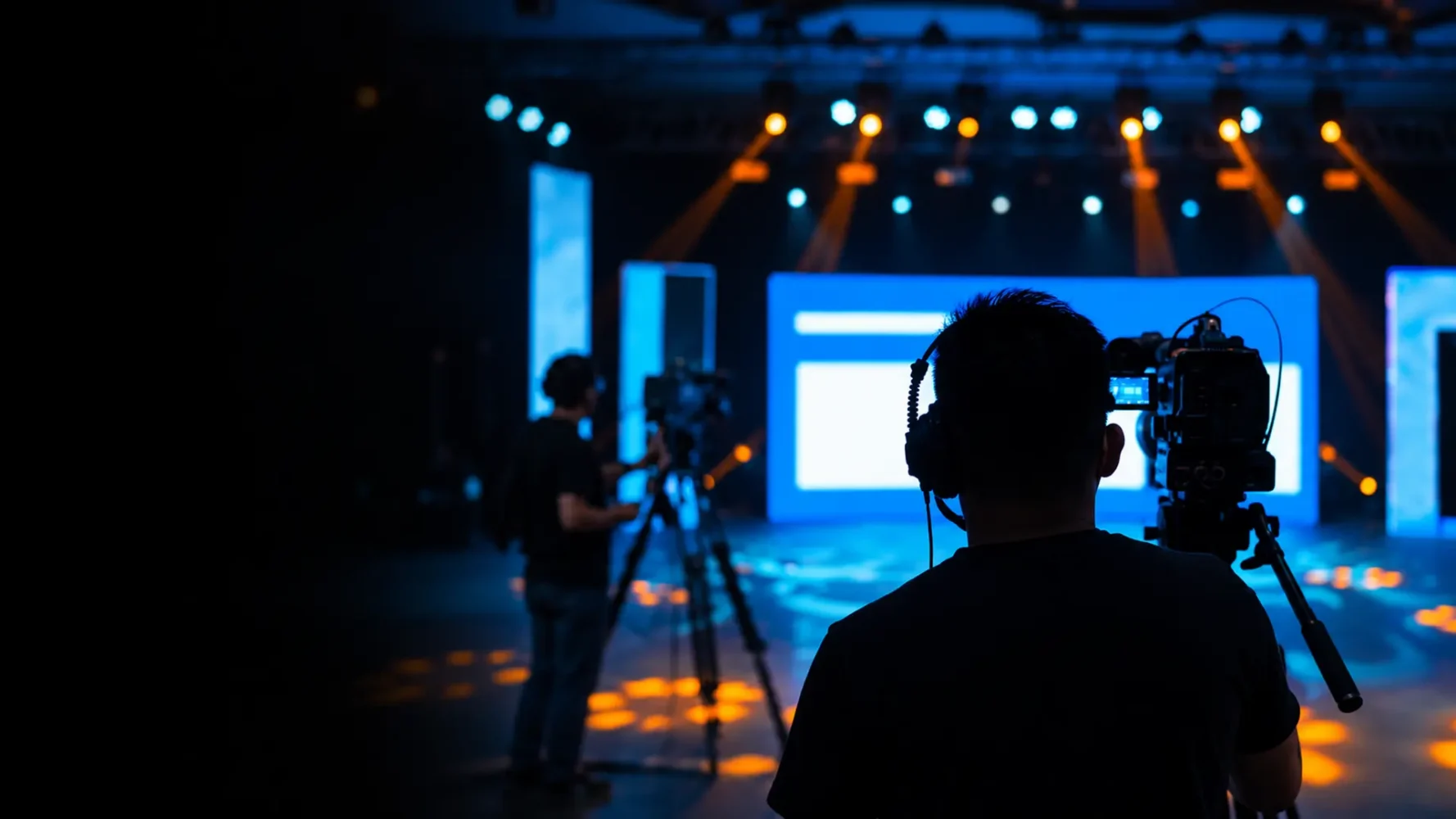 Event recording crew operating professional video cameras in a studio with blue screens and amber stage lighting.