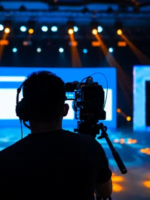 Camera operator wearing headphones behind a video camera in an illuminated event studio.