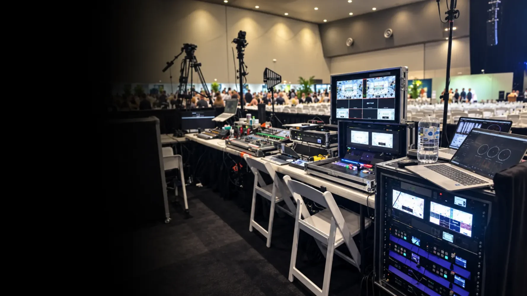 Event production control desk with laptops, video monitors and AV equipment overlooking a conference room.