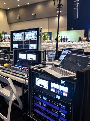 Open laptop on an AV equipment rack beside video monitoring screens at an event.