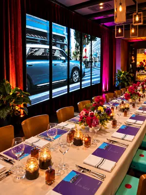 LED video wall displaying automotive content beside a formal corporate event dining table.