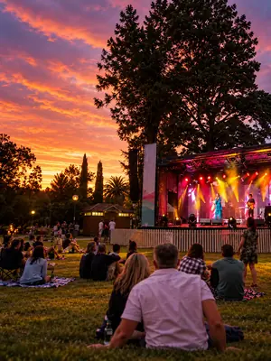 Guests watching an outdoor event stage with live performers and professional lighting at sunset.