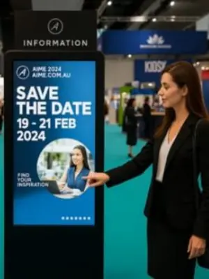 Attendee using an interactive touchscreen information kiosk at an exhibition.